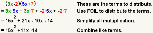 (3x-2) (5x+7)=3x*5x+3x*7+ (- 2) *5x+ (- 2) *7=15x^2+21x-10x-14=15x^2+11x-14